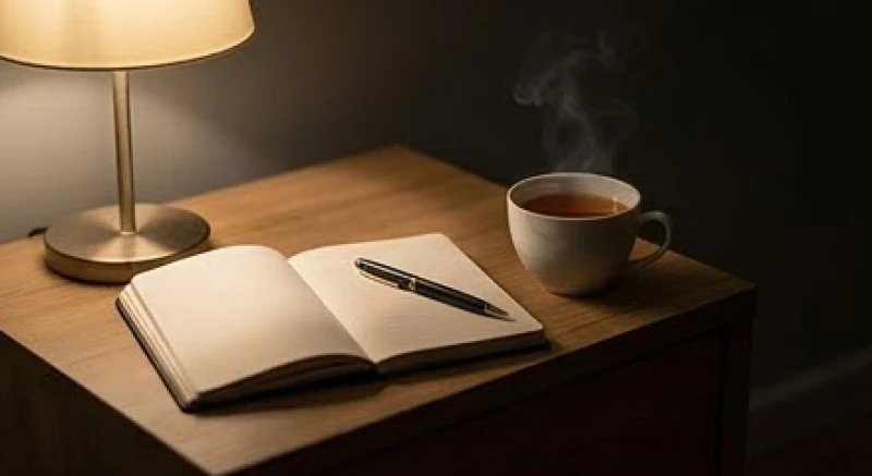 Cuốn sổ tay ghi chép giấc mơ cùng một tách trà nóng dưới ánh đèn vàng ấm áp
