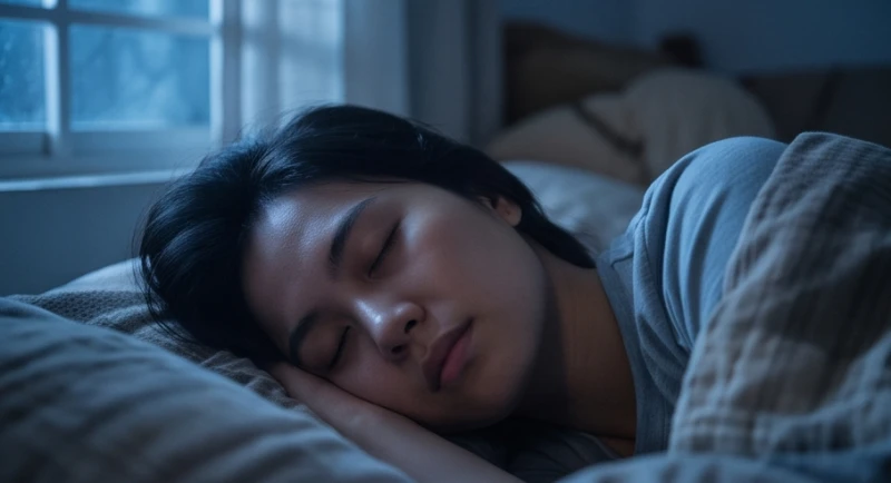 Mơ thấy mình đi đánh đề: Ý nghĩa điềm báo và con số may mắn 2 Cận cảnh gương mặt một người đang chìm trong giấc ngủ sâu với ánh trăng xanh hắt qua cửa sổ phòng ngủ