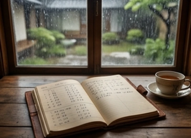 Sổ tay ghi chép những con số may mắn bên cạnh một tách trà ấm trong một buổi chiều mưa