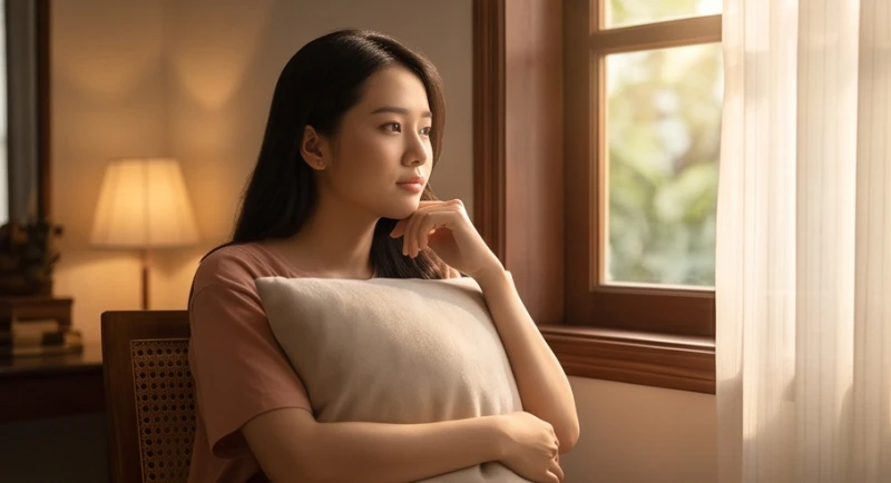 Cô gái trẻ ngồi trầm tư bên khung cửa sổ ngập nắng ôm một chiếc gối mềm mại
