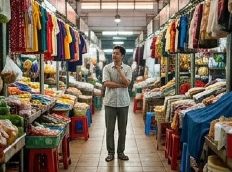 Mơ thấy đi chợ: Giải mã điềm báo tài lộc & bộ số may mắn 2 Người phụ nữ đứng trầm ngâm giữa lối đi nhỏ hẹp của khu chợ với những sạp hàng san sát nhau