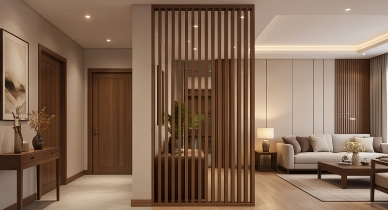 Bức vách ngăn lam gỗ tinh tế dùng để điều chỉnh luồng gió và khắc chế hướng cửa chính bất lợi