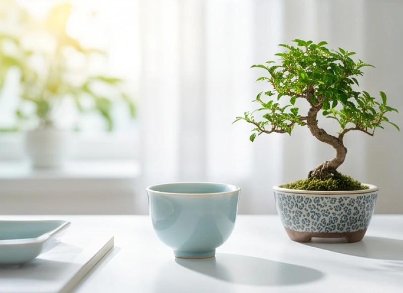 Ánh sáng bình minh rọi vào chậu cây bonsai trên bàn làm việc mang ý nghĩa khởi sắc mới