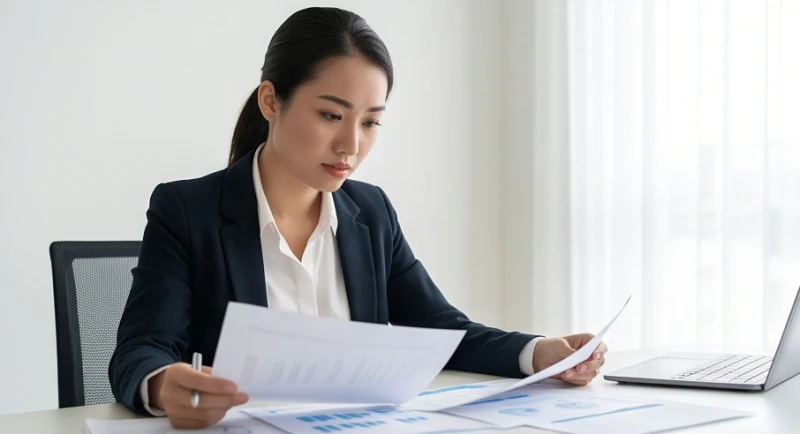 Nữ nhân viên lo lắng xem lại các hợp đồng kinh doanh trên bàn làm việc trong khung giờ sáng