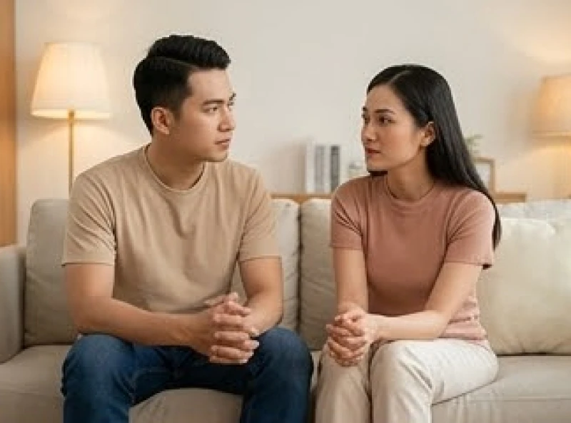 Cặp vợ chồng đang thảo luận nghiêm túc để tháo gỡ những bất đồng quan điểm và giảm bớt áp lực gia đạo