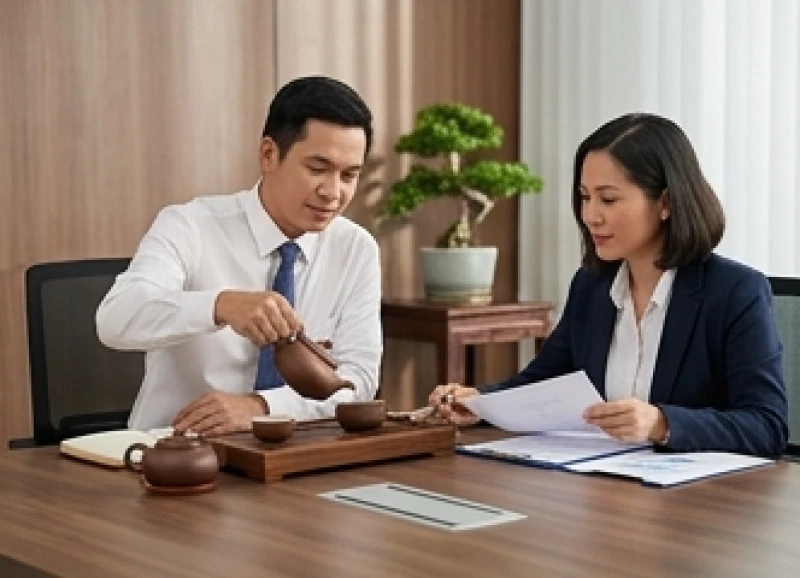 Hai người trao đổi công việc bên bàn trà phong thủy để giảm bớt căng thẳng khi hợp tác