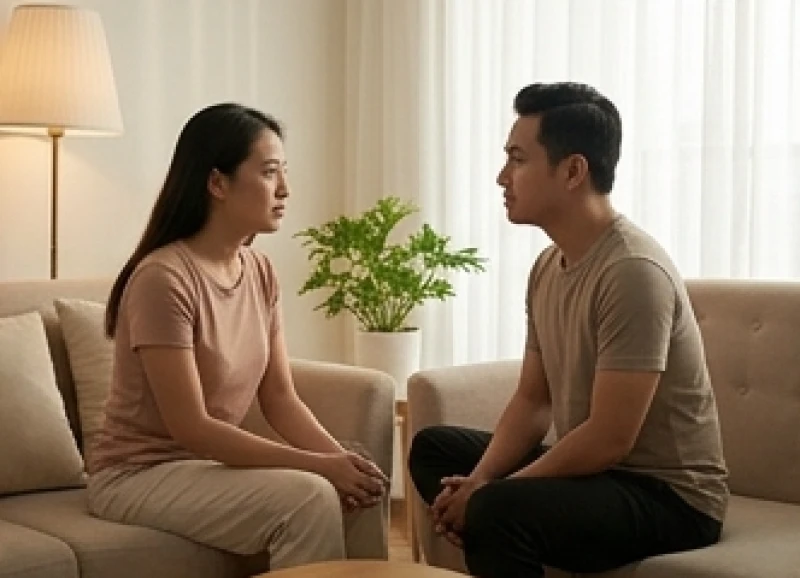 Cặp đôi người Việt Nam đang ngồi đối diện và chân thành chia sẻ cảm xúc với nhau