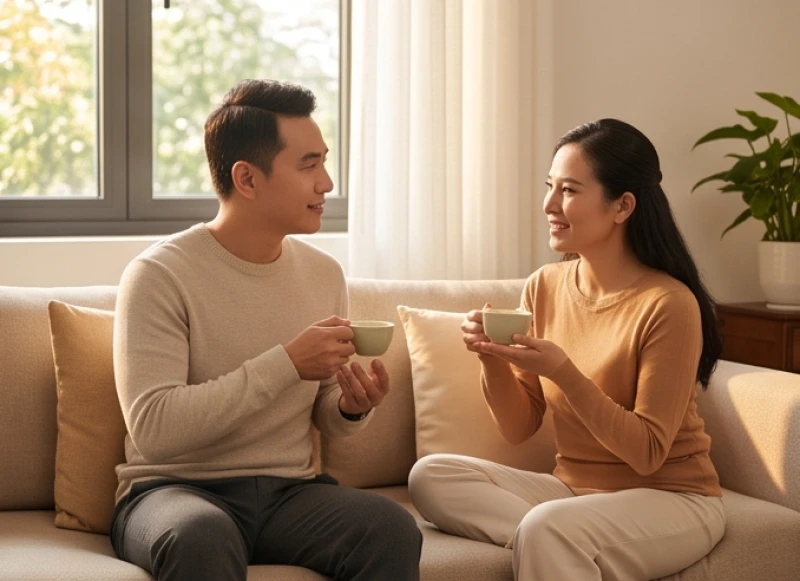Tình duyên tuổi Dậu năm 2026: Lá số nam nữ và các tuổi hợp 2 Hai người đang bình tĩnh trò chuyện giải quyết mâu thuẫn để bảo vệ mối quan hệ trước từ trường Tương Phá