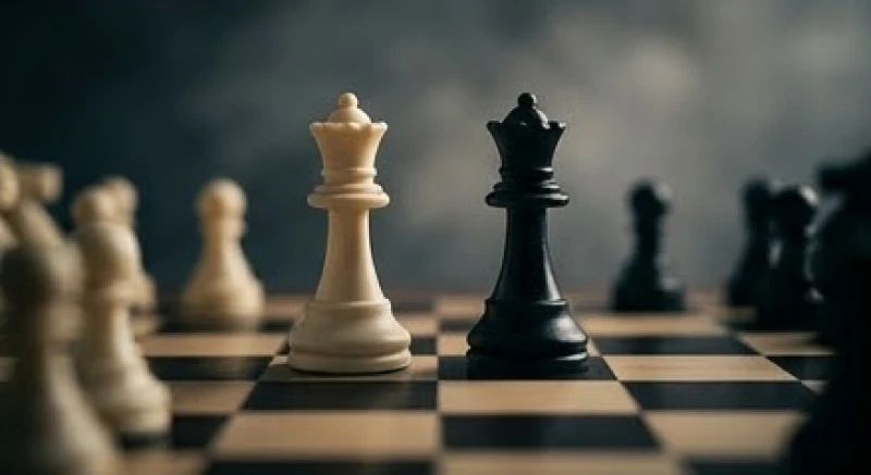 Hai quân cờ vua trắng và đen đối đầu nhau trên bàn cờ tượng trưng cho sự mâu thuẫn và kết cục xô xát