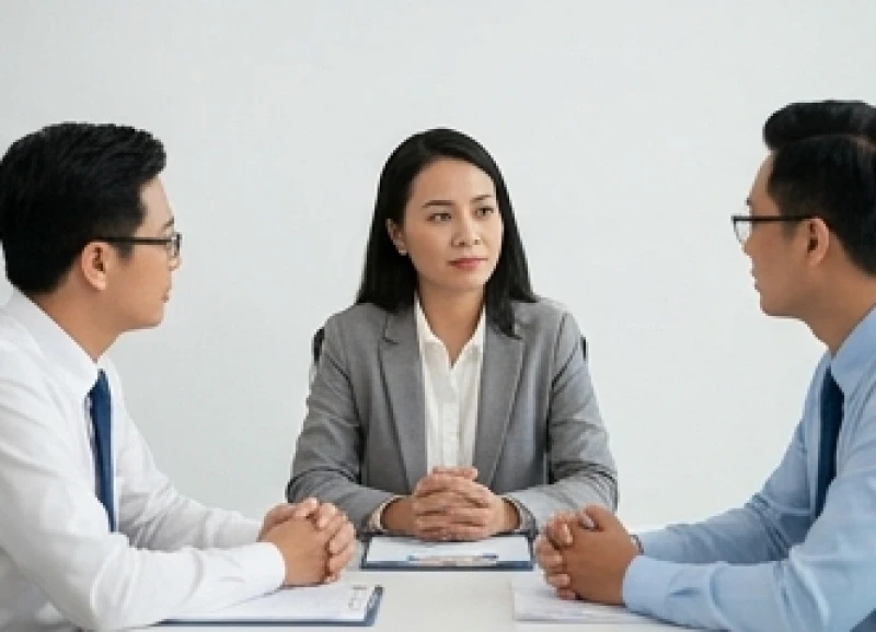 Quản lý dự án đóng vai trò trung gian điềm tĩnh lắng nghe hai đồng nghiệp đang tranh luận