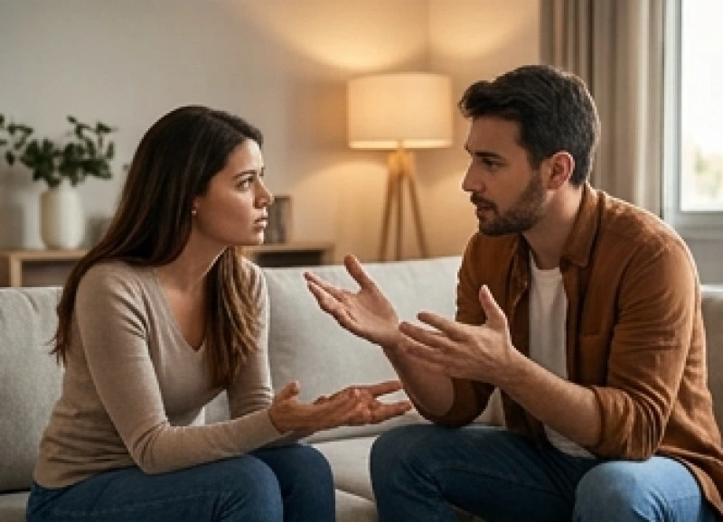 Hai vợ chồng đang thảo luận một cách nghiêm túc với vẻ mặt suy tư trong không gian phòng khách gia đình