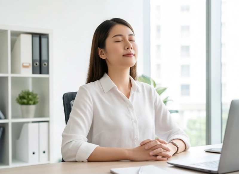 Sức khỏe tuổi Hợi năm 2026: Lịch cảnh báo rủi ro 12 tháng 1 Nữ nhân viên văn phòng thư giãn, nhắm mắt tĩnh tâm tại bàn làm việc để kiểm soát căng thẳng thần kinh