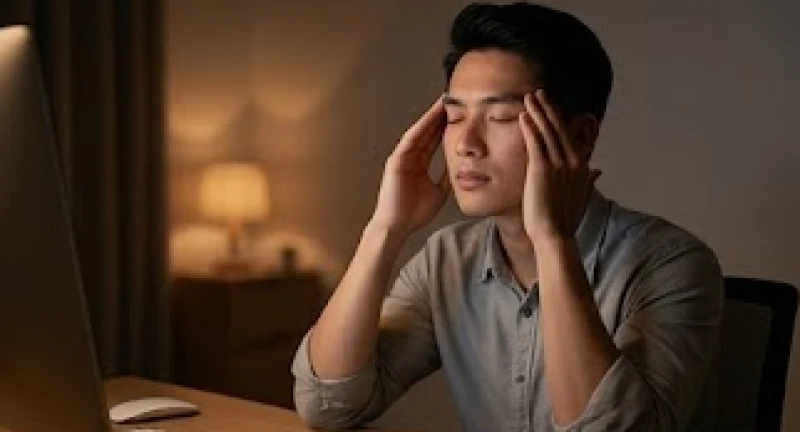 Người đàn ông đang nhẹ nhàng xoa bóp thái dương để giảm bớt mệt mỏi và áp lực sau ngày dài làm việc