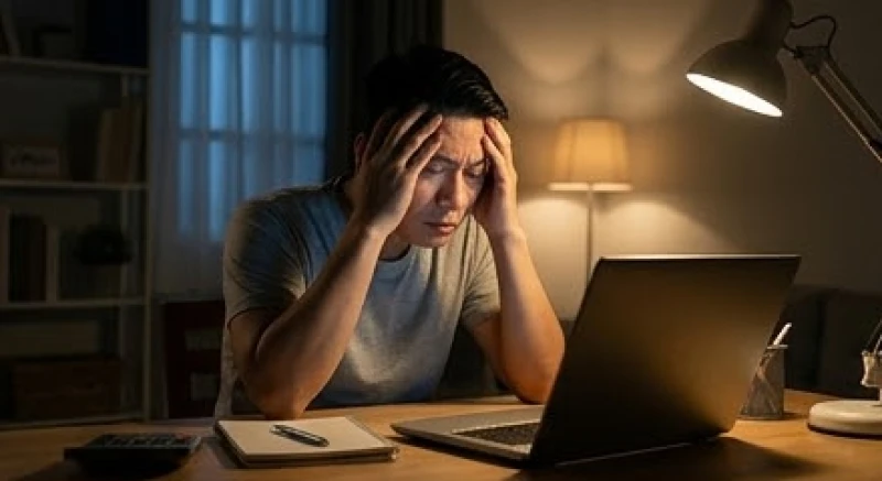 Người đàn ông ngồi gục đầu vào tay vì mệt mỏi tại bàn làm việc ở nhà