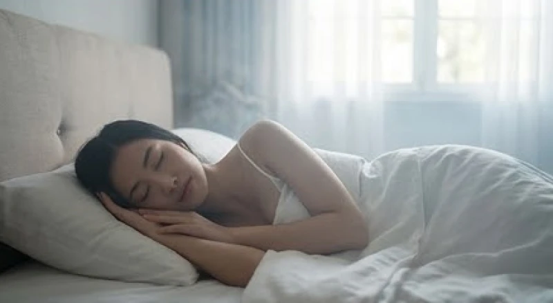 Cô gái nhắm mắt ngủ bình yên trên chiếc giường ngập tràn ánh sáng dịu nhẹ