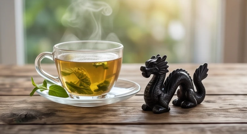 Một tách trà thảo mộc bốc khói nghi ngút được đặt tĩnh lặng cạnh mô hình rồng hắc diện thạch nhỏ nhắn