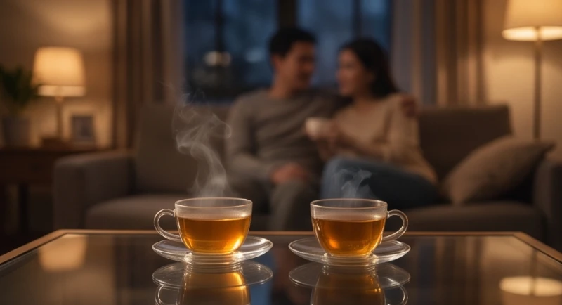 Mơ thấy vợ chồng: Điềm báo tâm linh, tâm lý và con số may mắn 3 Hai ly trà thảo mộc ấm nóng đặt cạnh nhau trên bàn kính trong một buổi tối thư giãn không công nghệ