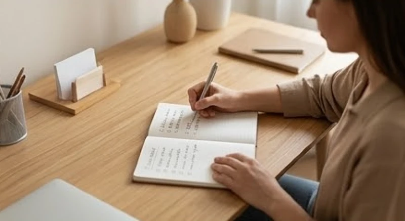 Một người đang cẩn thận ghi chép các đầu việc ra sổ tay để sắp xếp lại kế hoạch và giảm bớt căng thẳng công việc
