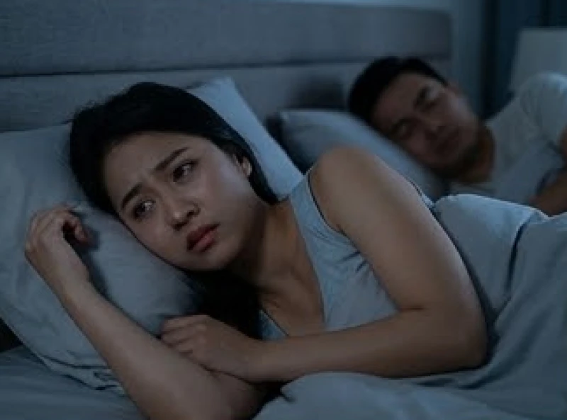 Người vợ trằn trọc mất ngủ giữa đêm vì cơn ác mộng ngoại tình, nét mặt đầy âu lo và mệt mỏi