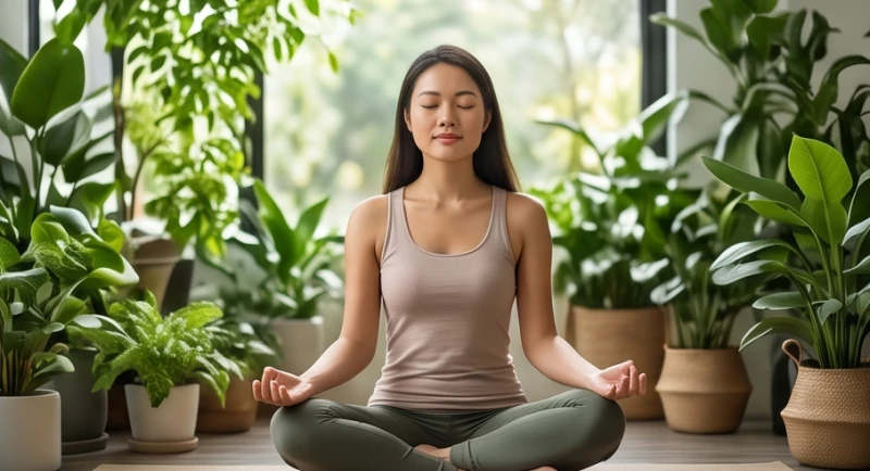 Người phụ nữ đang ngồi thiền tĩnh tâm trong không gian xanh mát để buông bỏ những tổn thương cũ