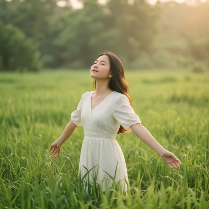 Không gian êm đềm với cô gái dang tay đón gió nhẹ nhàng thể hiện sự buông bỏ mọi muộn phiền