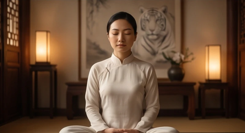 Mơ thấy hổ trắng: Giải mã điềm báo cát hung và mẹo hóa giải 6 Người phụ nữ ngồi thư giãn và hít thở sâu trong không gian tĩnh lặng để lấy lại sự bình tĩnh