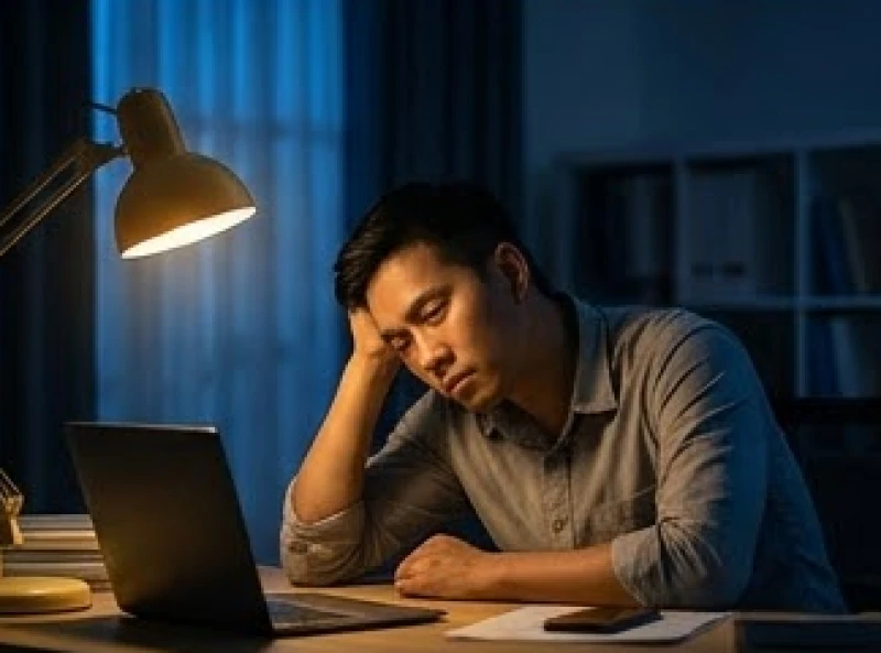 Người đàn ông gục đầu mệt mỏi bên bàn làm việc thể hiện nguyên nhân gây ra ảo mộng chập tối