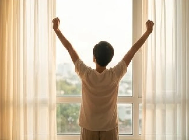Một người vươn vai sảng khoái đón ánh nắng buổi sáng bên khung cửa sổ