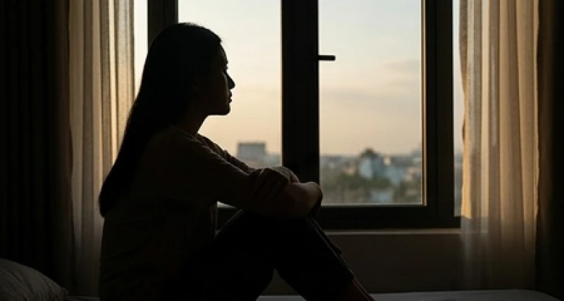Bóng lưng người phụ nữ trẻ ngồi đơn độc bên cửa sổ trong buổi chiều tà tĩnh lặng