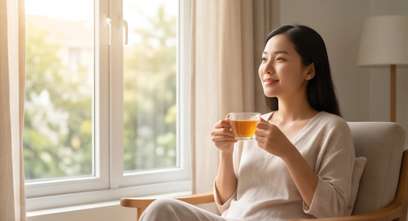 Mơ thấy chảy máu kinh: Giải mã điềm báo và góc nhìn y khoa 1 Một phụ nữ uống trà thư giãn buổi sáng bên cửa sổ ngập tràn ánh nắng