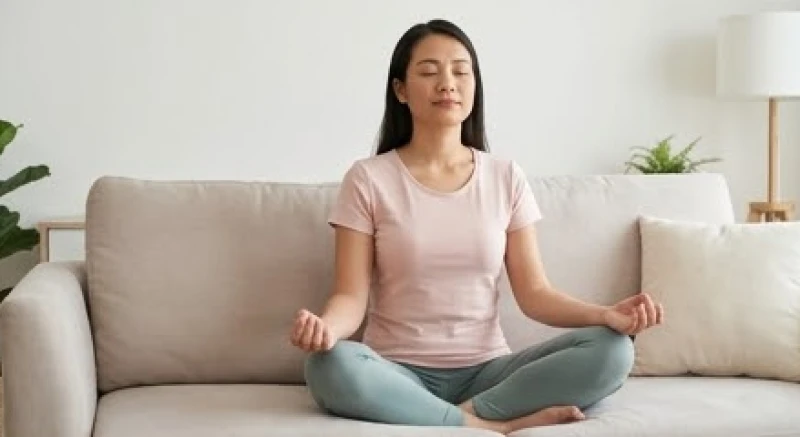 Người phụ nữ thư giãn nhắm mắt tận hưởng không khí trong lành tại phòng khách