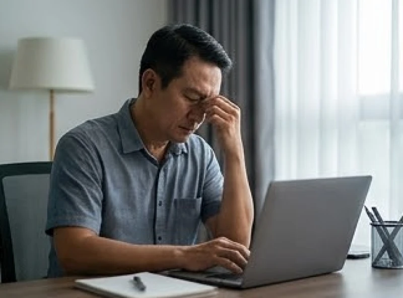 Người đàn ông tuổi Ất Sửu làm việc mệt mỏi tại bàn làm việc ở nhà, thể hiện áp lực từ chốn công sở