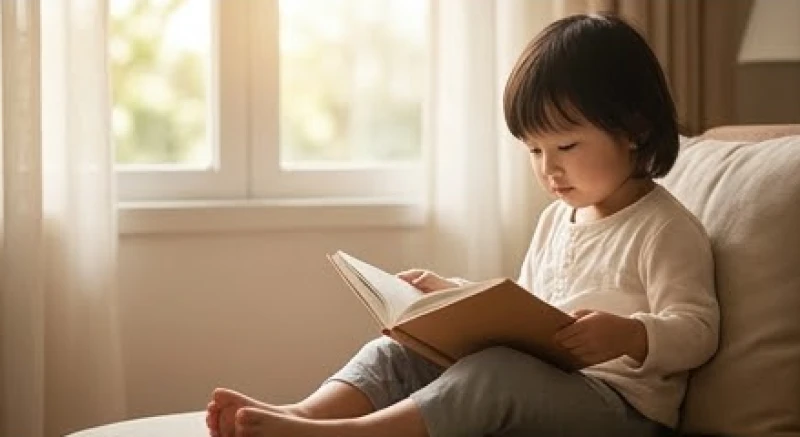 Em bé đang ngồi đọc sách trong không gian yên tĩnh với sự đồng hành nhẹ nhàng của phụ huynh để giảm áp lực