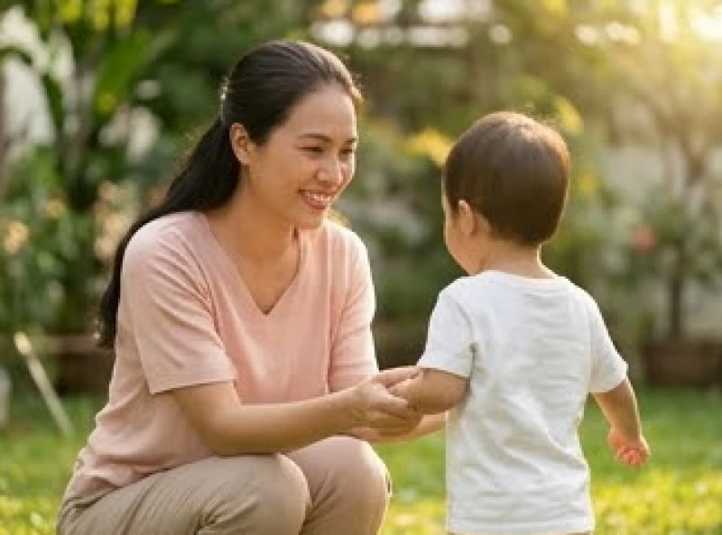 Mẹ và con cùng chơi đùa vui vẻ ngoài trời giúp giảm bớt căng thẳng nuôi dạy