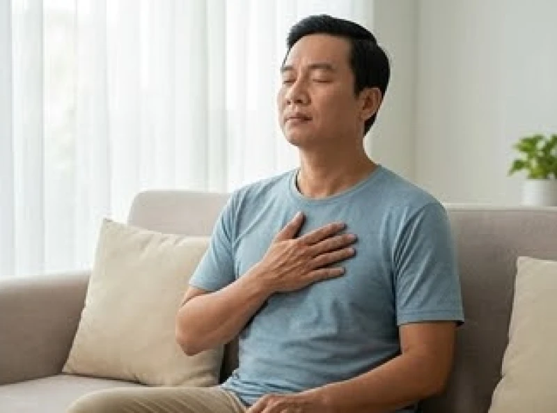 Sức khỏe tuổi Ngọ: Phác đồ dưỡng sinh và bố trí không gian 2 Nam giới trung niên hít thở sâu để giảm nhịp tim và thư giãn thần kinh khi căng thẳng