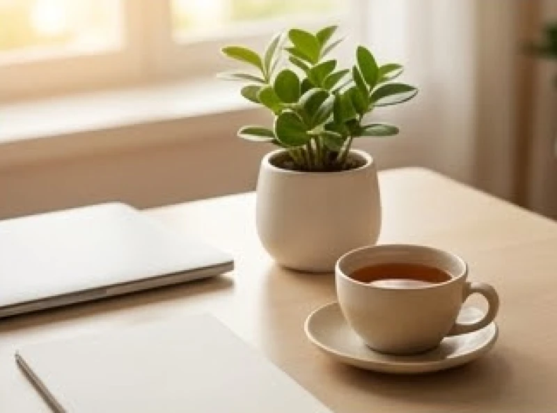 Một góc bàn làm việc gọn gàng với chậu cây xanh giúp thư giãn tinh thần