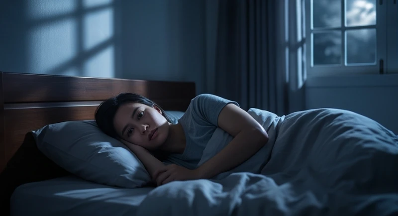 Mơ thấy bia mộ: Giải mã điềm báo và góc nhìn tâm lý học 5 Người phụ nữ trằn trọc trong không gian phòng ngủ u tối do áp lực thần kinh dồn nén