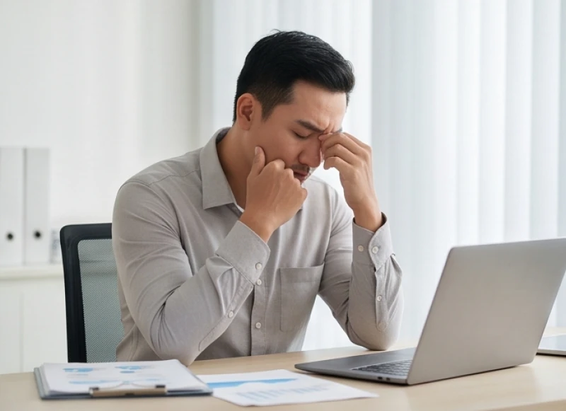 Người đàn ông mệt mỏi đang nhắm mắt xoa thái dương tại góc làm việc