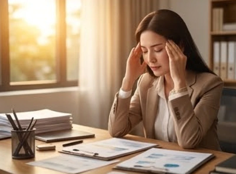 Tử vi tuổi Tỵ năm 2026: Chi tiết 12 tháng & cách giải hạn 7 Người phụ nữ xoa bóp thái dương bên cạnh bàn làm việc đầy sổ sách trong khung cảnh hoàng hôn êm dịu