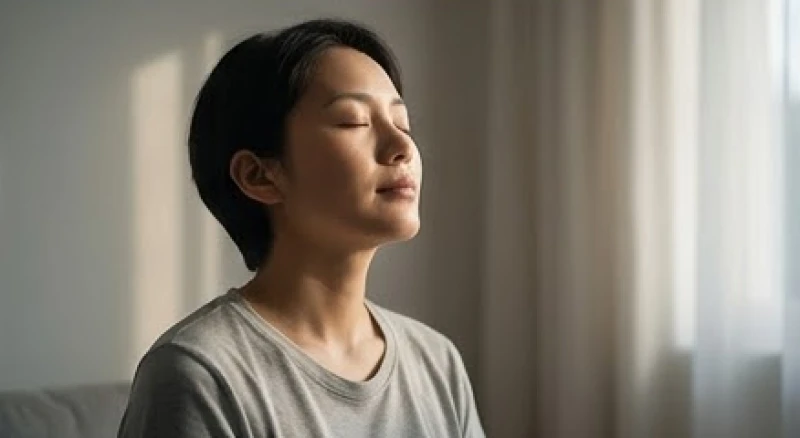 Người phụ nữ nhắm mắt thư giãn và hít thở sâu để xoa dịu hệ thần kinh sau cơn ác mộng căng thẳng.
