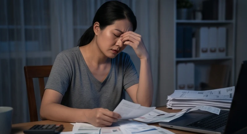 Mơ thấy mất chìa khóa: Giải mã điềm báo tốt xấu và con số may mắn 6 Một người phụ nữ xoa trán đầy mệt mỏi trước bàn làm việc ngổn ngang sổ sách và hồ sơ giấy tờ