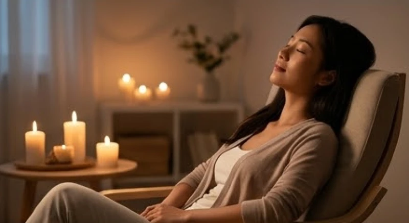 Nữ giới nhắm mắt thư giãn trên ghế với nến thơm xung quanh, giúp xoa dịu tâm trí sau ngày dài