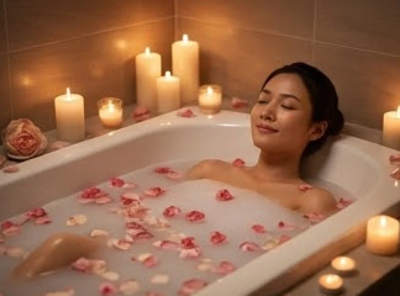 Cô gái Việt Nam thả mình trong bồn tắm rải đầy cánh hoa với nến thơm cháy sáng giúp thư giãn tâm trí