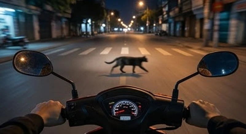 Mèo đen băng qua đường là điềm gì: Hướng đi và cách hóa giải 2 Người lái xe máy giảm tốc độ trên đường khi bất ngờ phát hiện bóng đen cắt ngang tầm nhìn