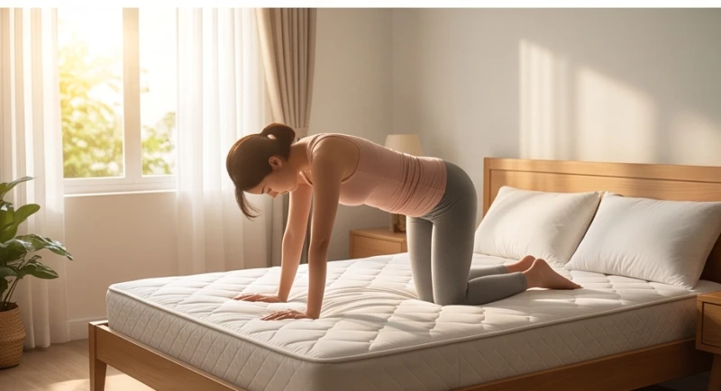 Mơ Thấy Nằm Võng: Điềm Báo, Hiện Tượng Giật Mình & Sổ Mơ 7 Người phụ nữ thực hiện động tác giãn cơ lưng nhẹ nhàng ngay trên nệm để giải phóng rễ thần kinh