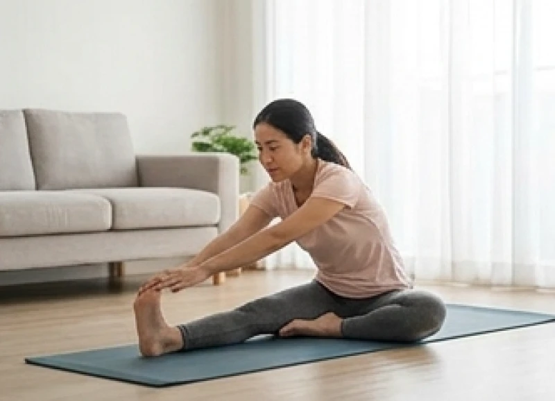 Nam giới thực hiện các bài tập ép dẻo tĩnh trên thảm yoga tại nhà để tăng cường sự linh hoạt cho khớp