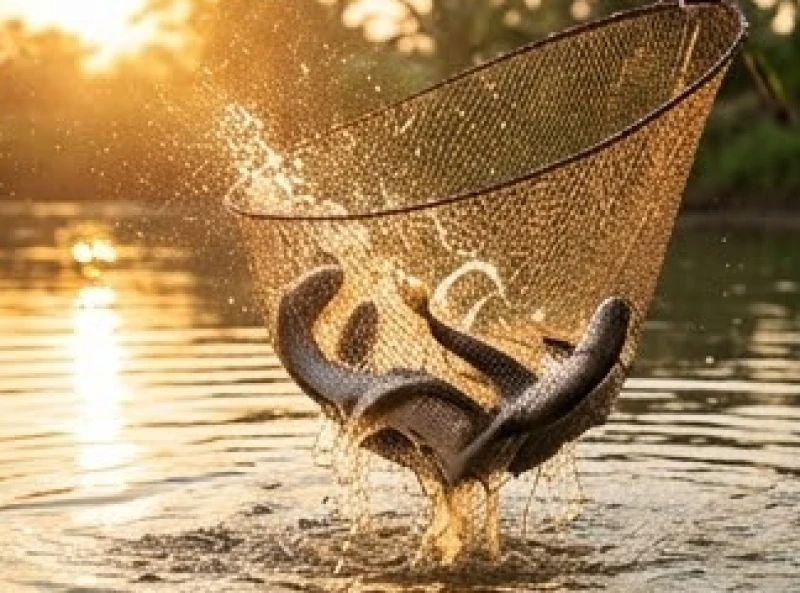 Một mẻ lưới nặng trĩu cá quả được kéo lên khỏi mặt nước dưới ánh hoàng hôn, tượng trưng cho hệ sinh thái đối tác vững chắc.
