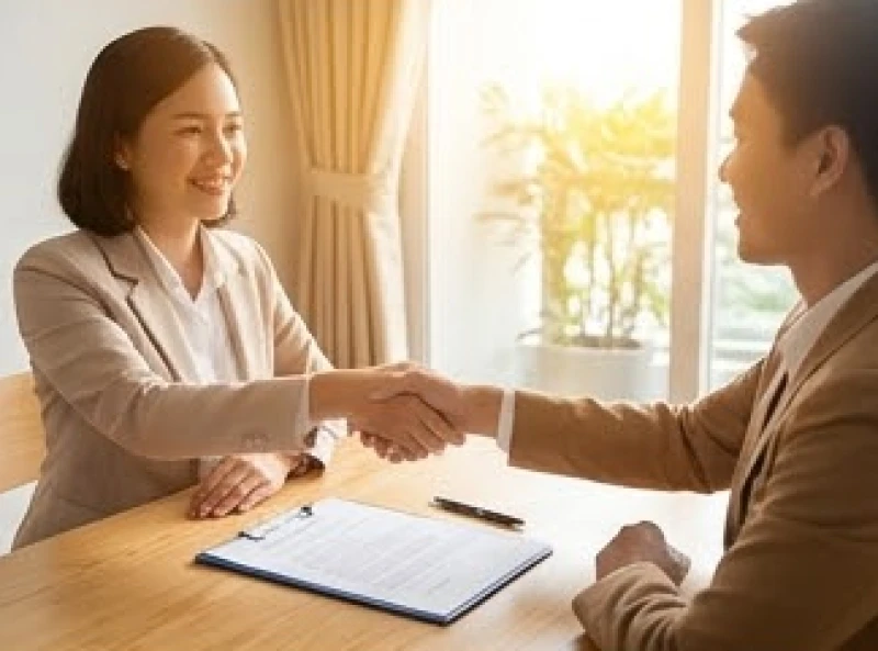 Hai người mỉm cười bắt tay ký kết hợp đồng giao dịch bất động sản sau khi hoàn tất nghi thức cầu lộc
