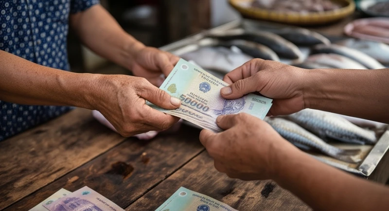 Cảnh trao đổi tiền mặt để mua cá tươi sống tại một sạp hàng hải sản truyền thống