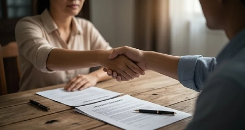 Hai người đàn ông đang bắt tay nhau qua tập hồ sơ giao dịch mua bán nhà trên chiếc bàn gỗ